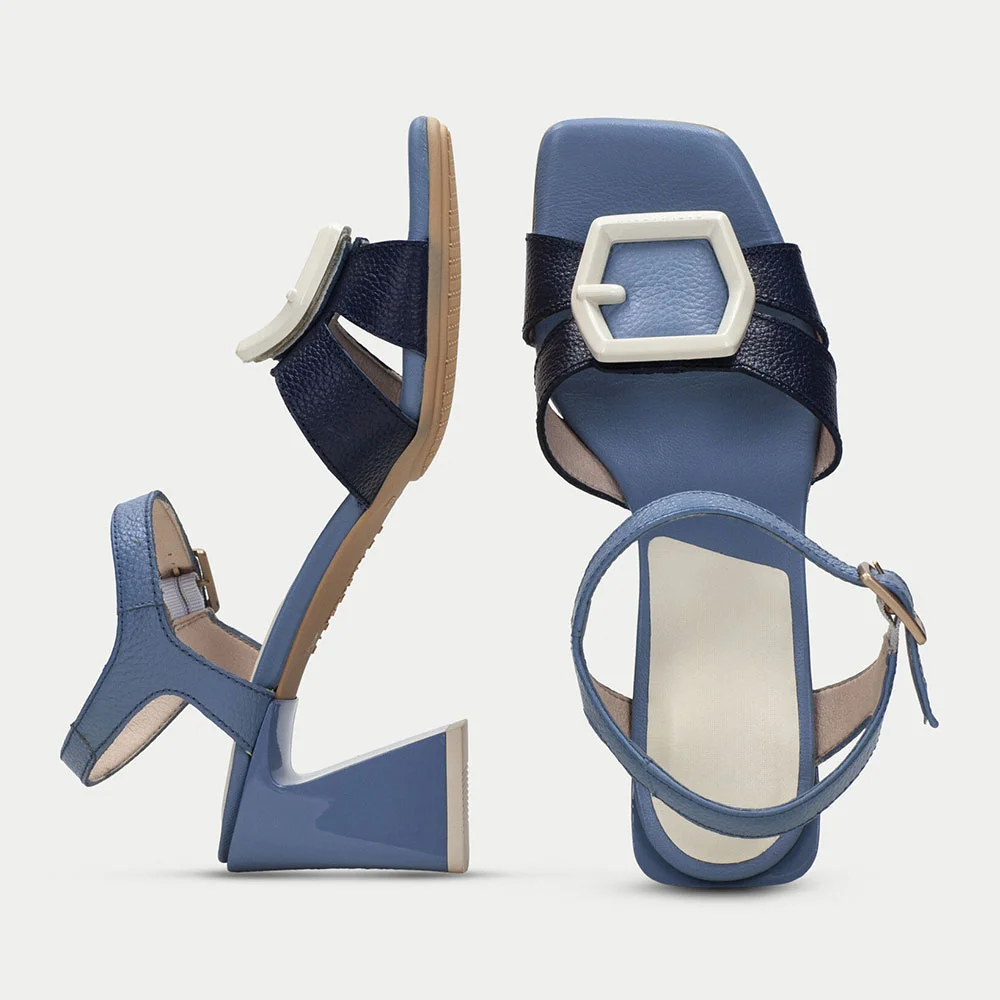 Blue & Navy Square Toe Chunky Heel Ankle Strap Sandals with Buckle