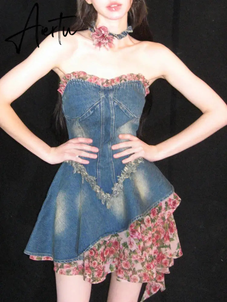 Aiertu Summer Vintage Denim Dress Women Casual Patchwork Floral Party Mini Dress Female Korean Fashion Designer elegant Slim Dress Aiertu