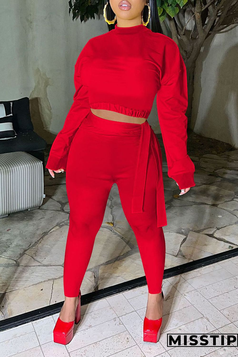 Red Casual Solid Patchwork O Neck Long Sleeve Two Pieces