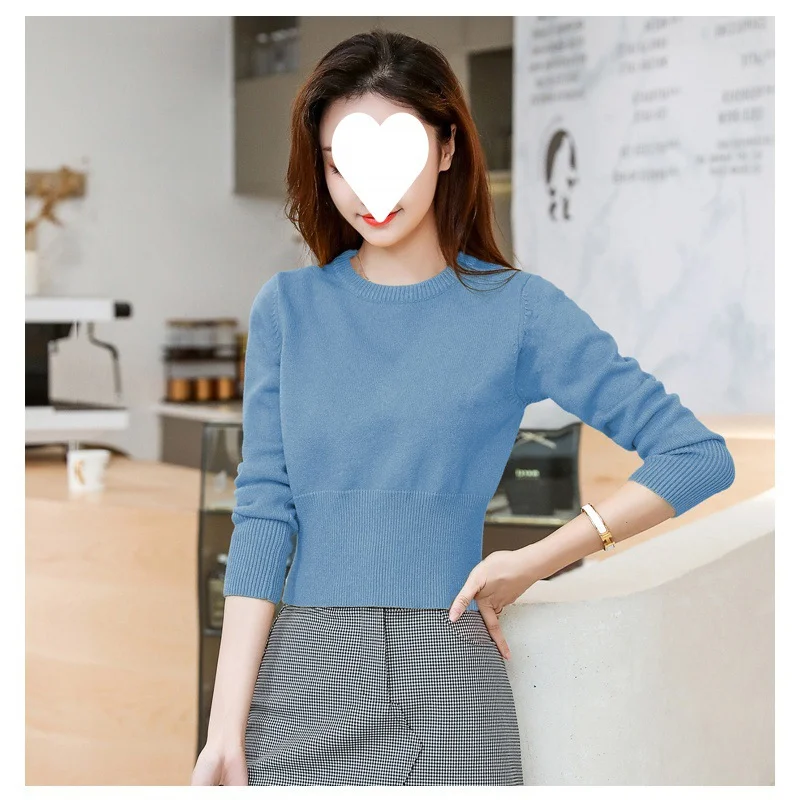 Uveng Uveng Autumn And Winter High-Waisted Short Round Neck Long Sleeves Knitted Waist Small Man Short Shirt Woman