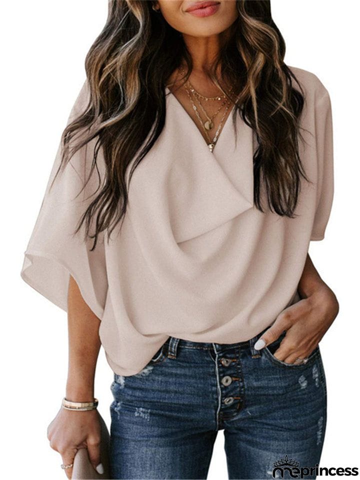 Feminine Flowy Style Cowl Neck Half Sleeve Lightweight Chiffon Pullover Tops