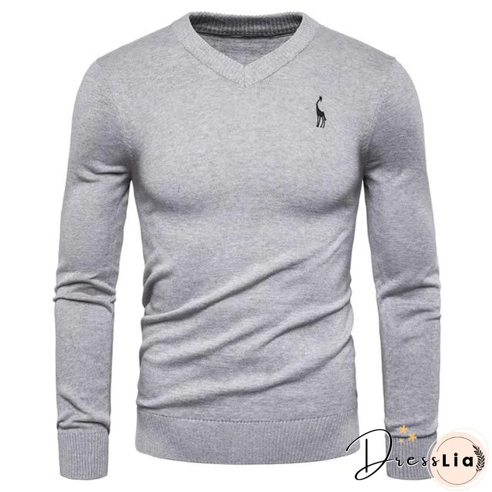 Autumn Winter Brand Quality 100% Cotton Mens Sweaters V Neck Pullovers Men Solid Embroidery Sweater