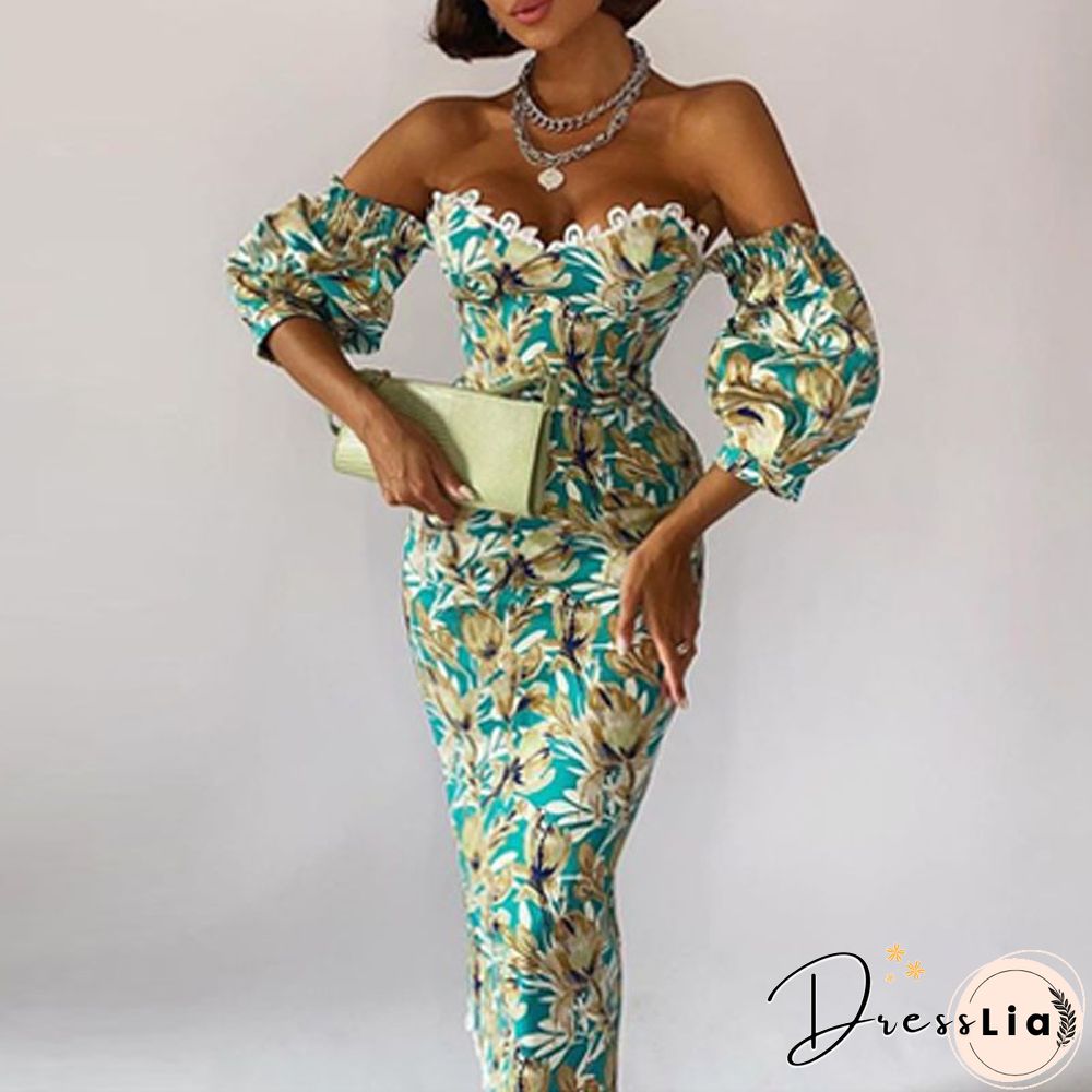 Elegant Floral Ladies Party Dress Autumn Ladies Fashion Balloon Sleeve Office Dress Sexy Off Shoulder Off Back Body Dress