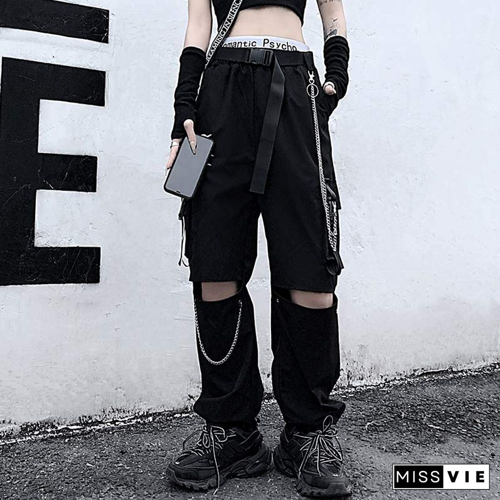 Casual Pants Chain Broken Hole Elastic Waist