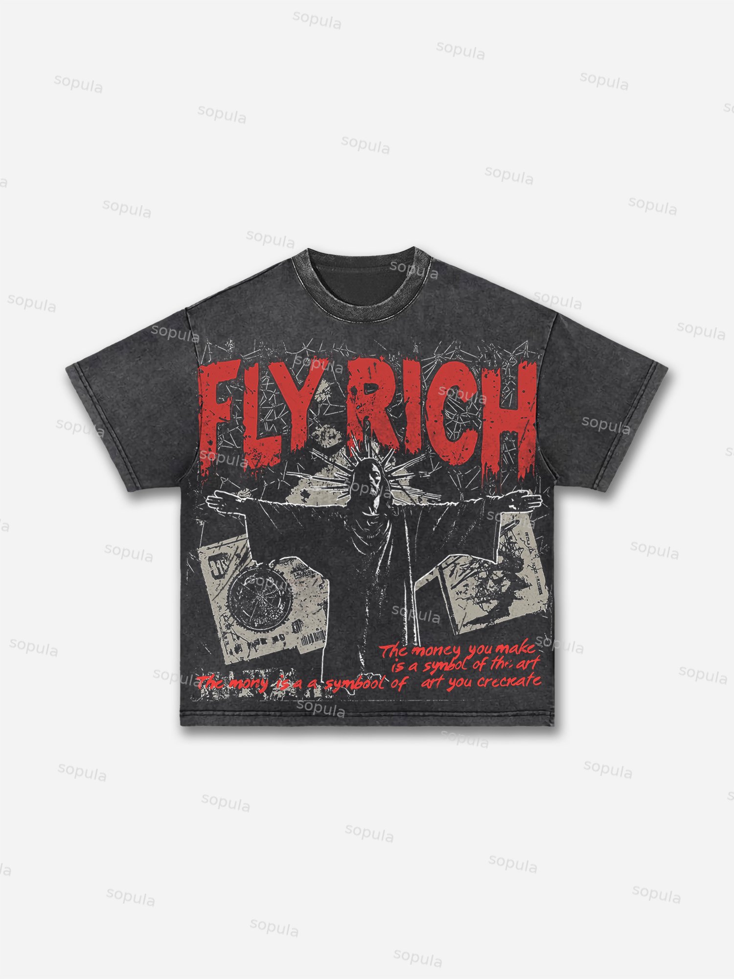 Vintage Flyrich Faith Graphic Print Acid Wash T-shirt - Sopula｜Premium Graphic Tees & Graphic Clothing