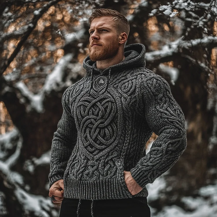 VChics Men's Viking Style Celtic Knot Jacquard Knit Hooded Sweater