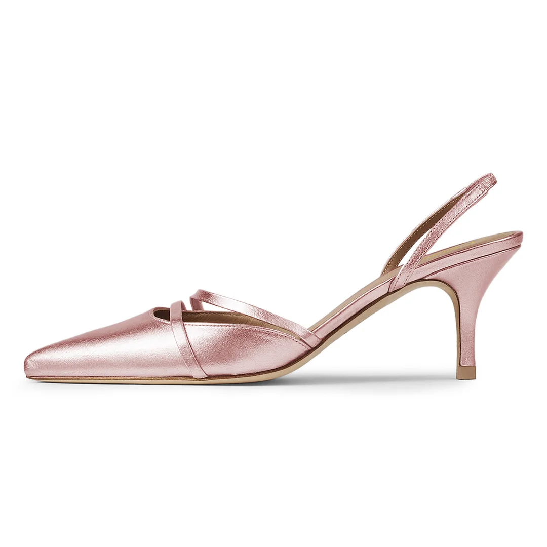 Pink Vegan Leather Pointed Metallic Finish Distressed Slingback Pumps