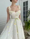 White Daisy Flower 3D Floral Ball Gown Tea Length Midi Bridal Dress Garden Party Cottagecore A Line Embroidered Tulle Mesh Formal