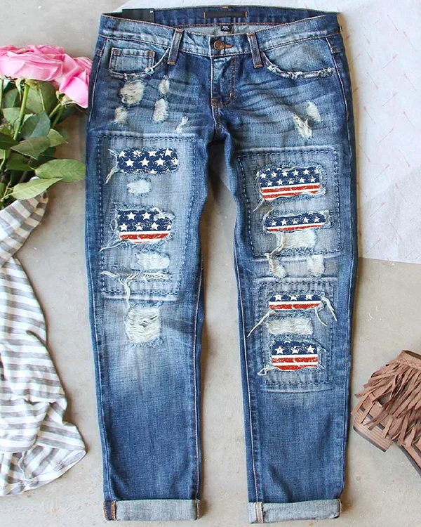 PATRIOTIC AMERICAN FLAG BUTTON POCKETS RIPPED JEANS
