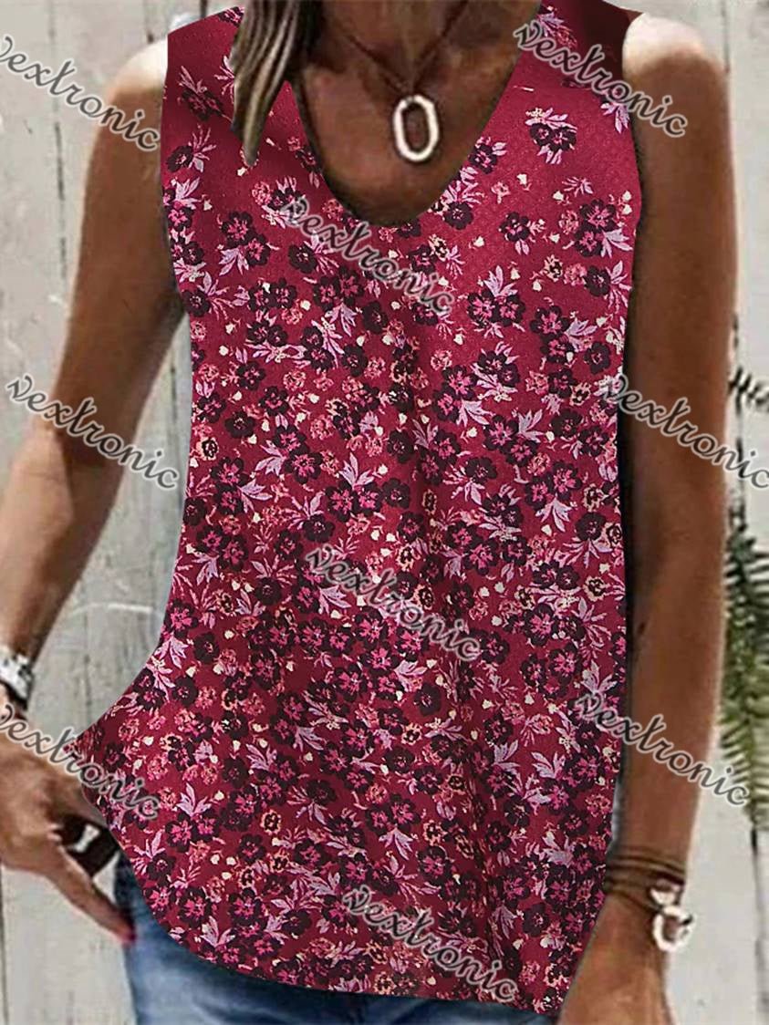Women Sleeveless V-neck Floral Printed Graphic Top