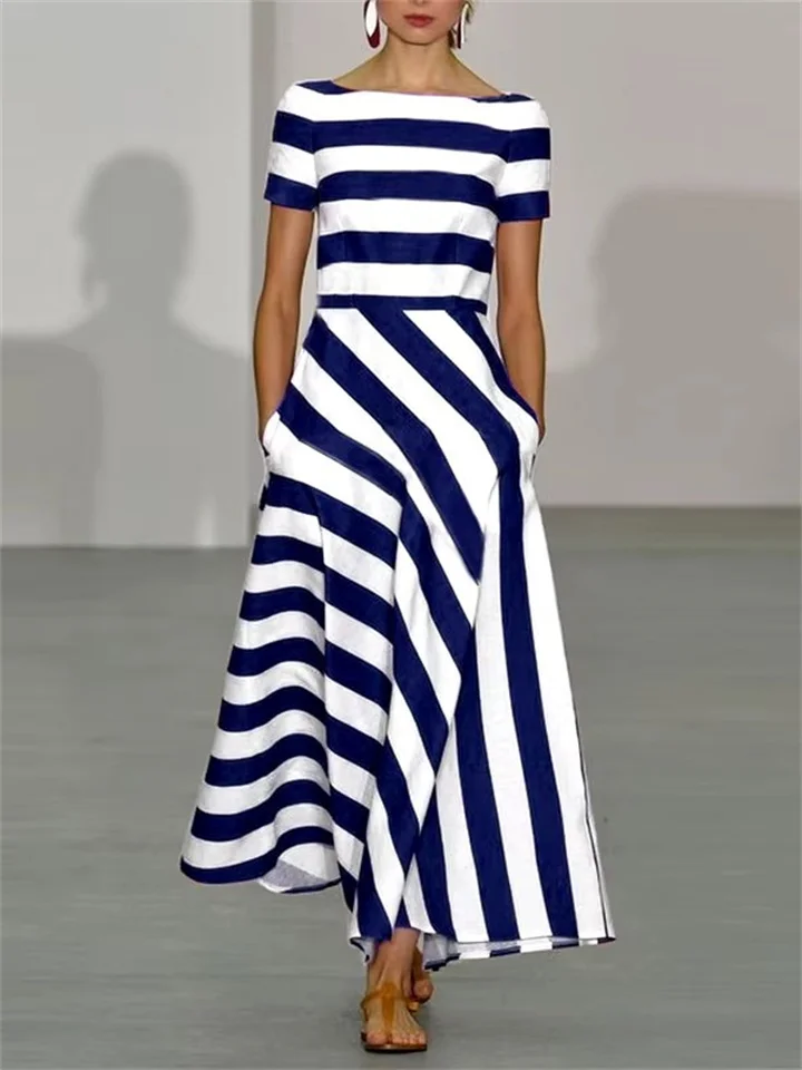 Women's New Striped Maxi Dresses A One-line Neckline Printed in The Mid-length Skirt-JRSEE