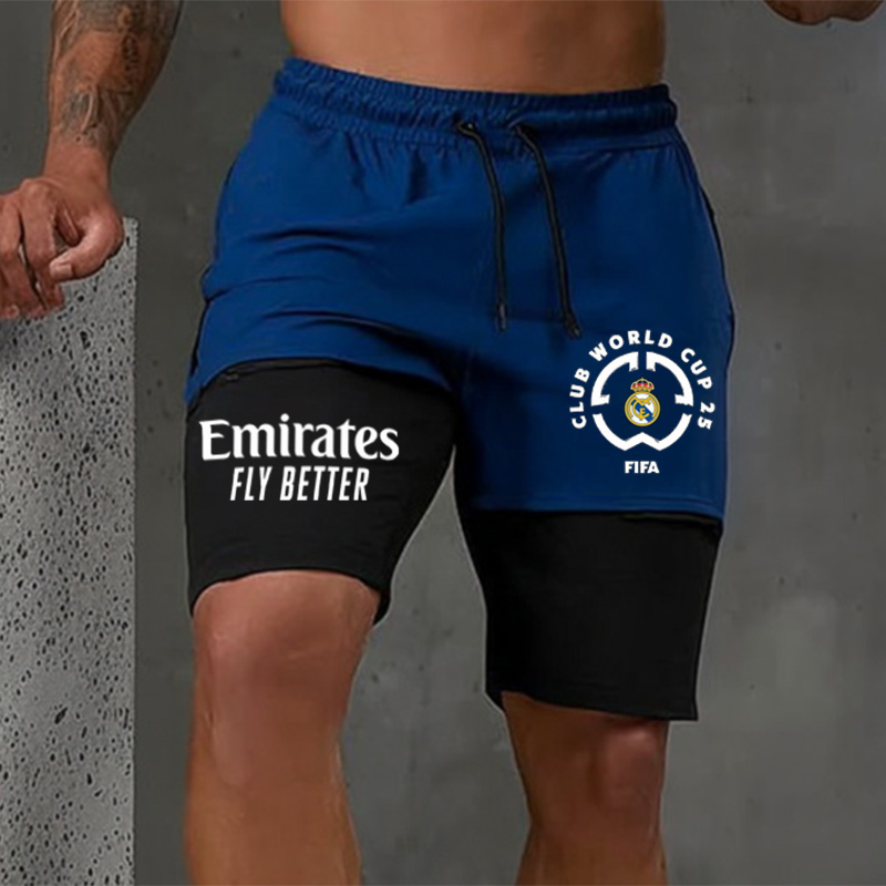 Men's Royal Blue Fake Two-Piece Sports Fitness Football Style Printed Shorts / TECHWEAR CLUB / Techwear