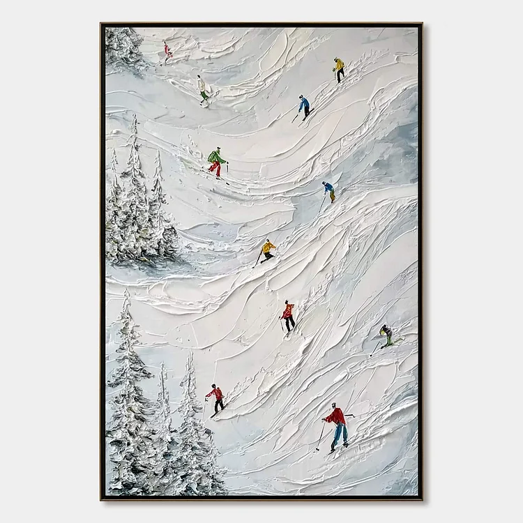 ALPINE RUSH: Heavy Texture Impasto Painting of Skiers on a Mountain（Canvas painting）