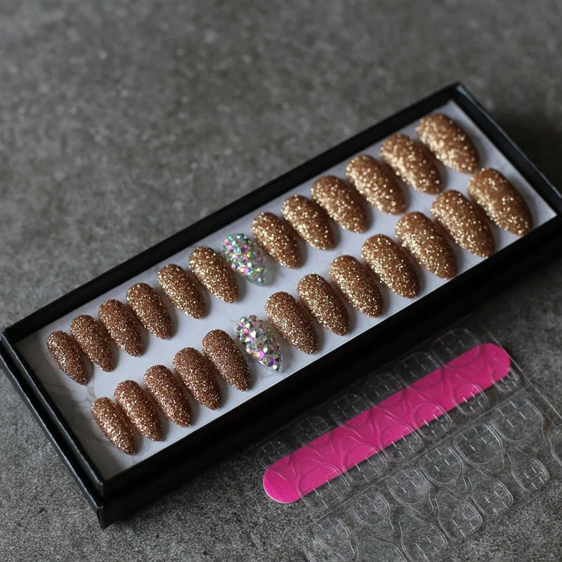 Art design Glitter powder fake nails red pink 26pcs Stiletto Full crystal diamond false nails wedding nails-Nail Inspo