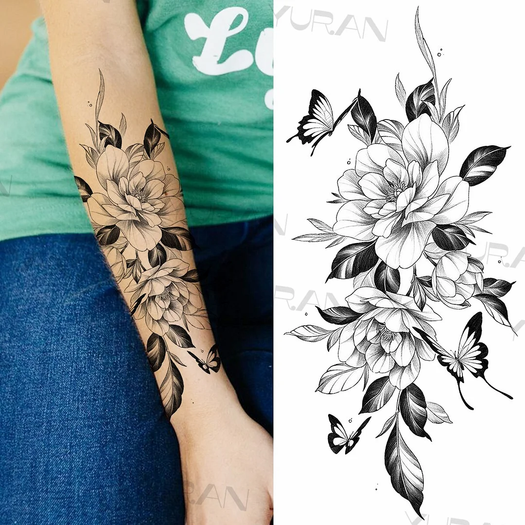 Sdrawing Rose Flower Temporary Tattoos For Women Realistic Snake Butterfly Flora Fake Tattoo Sticker Arm Body Waterproof Tatoos