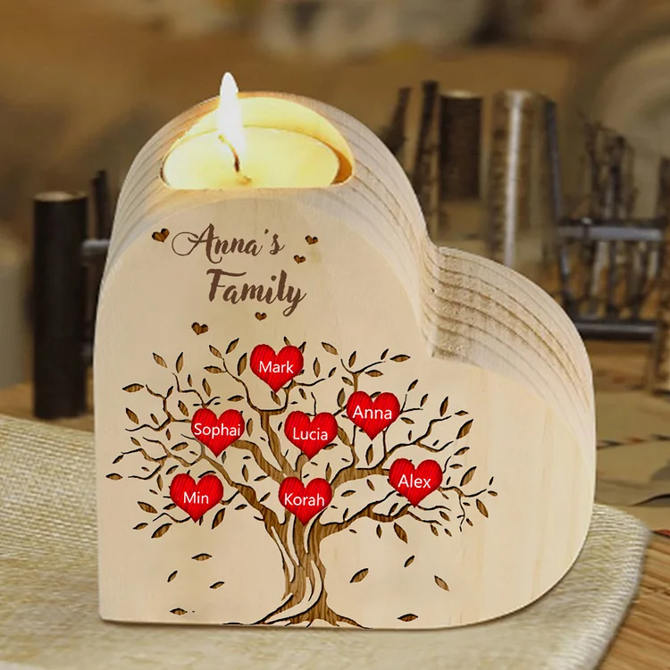 To My Family Wooden Heart Candle Holder Custom 7 Names Family Tree Candlesticks