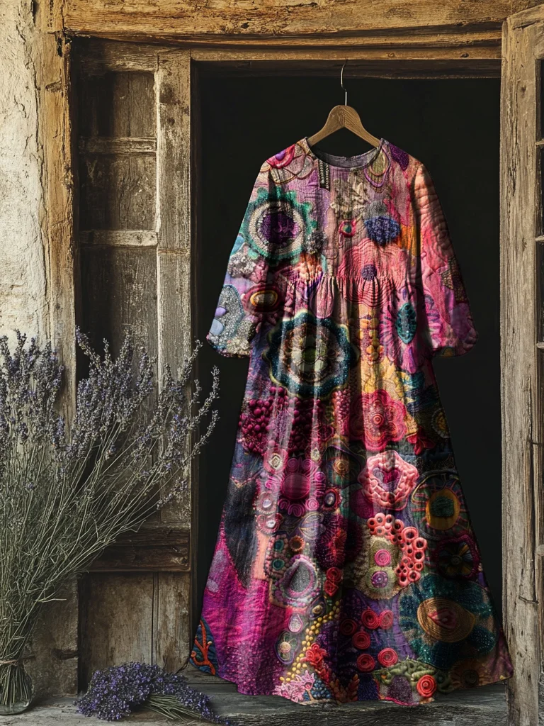 Women's Vintage Floral Print Flowy Cotton Crew Neck Dress