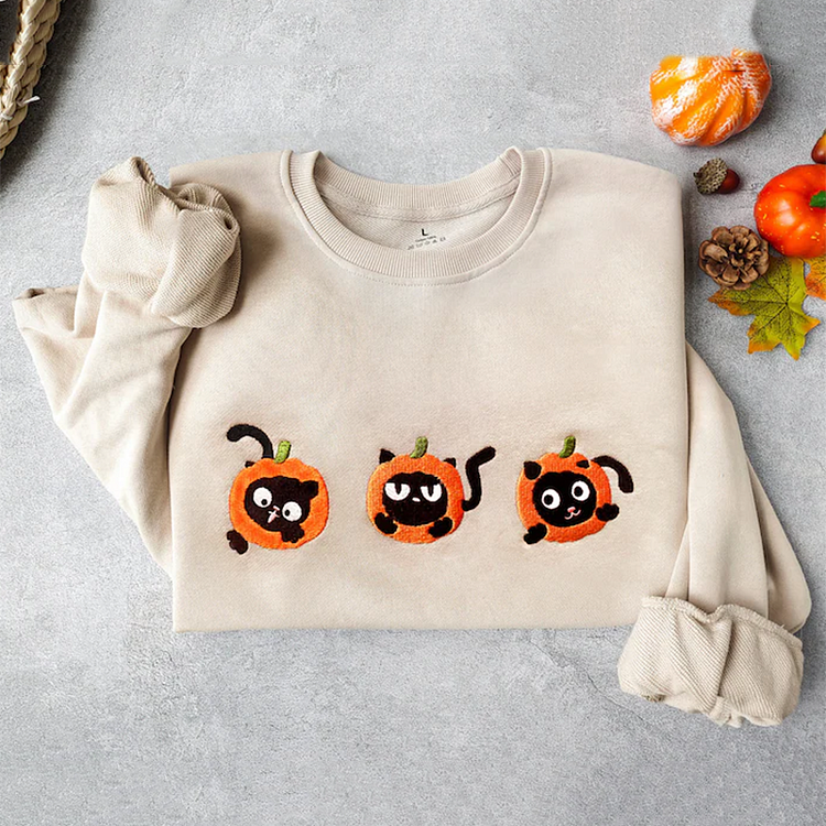 Embroidery Black Cat Pumpkin Halloween Printed Women's Sweatshirt