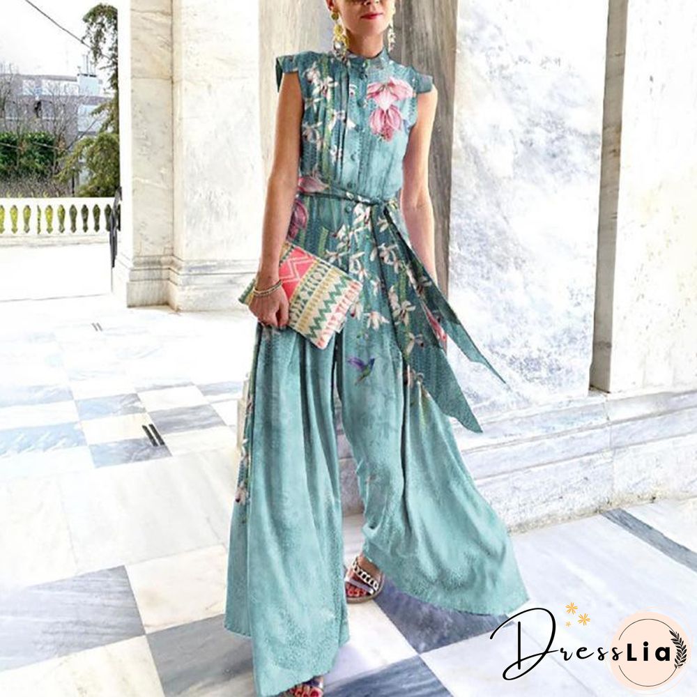 Sleeveless Button Pattern Strappy Jumpsuit