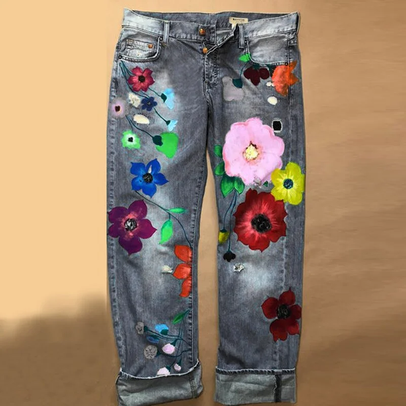 Cute Flower PrintedJeans Women Loose Jeans New Style Direct Jean Hot Fashion Ladies Printed Thin Denim Spring And Summer Breathe