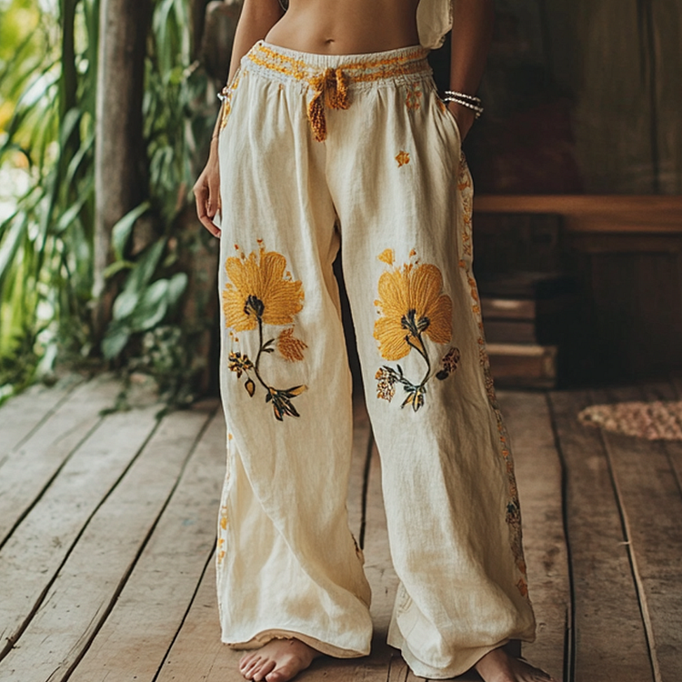 Vintage Bohemian Forest Floral Art Printed Cotton Linen Wide Leg Pants
