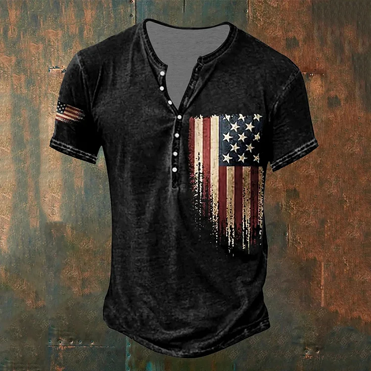 Comstylish Men's American Flag Print Casual Button Top