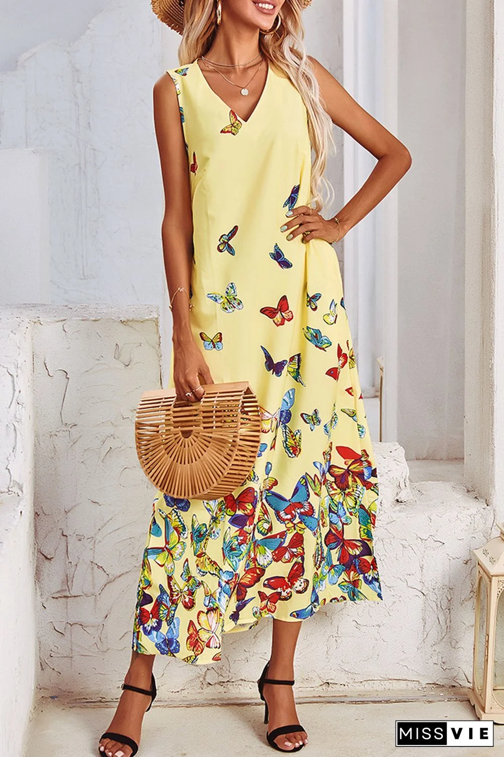 Elegant Butterfly Print Split Joint Pocket V Neck A Line Dresses