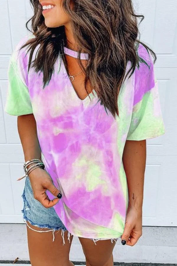 Womens Tie-dye Short Sleeve V-neck T-shirt-Allyzone-Allyzone