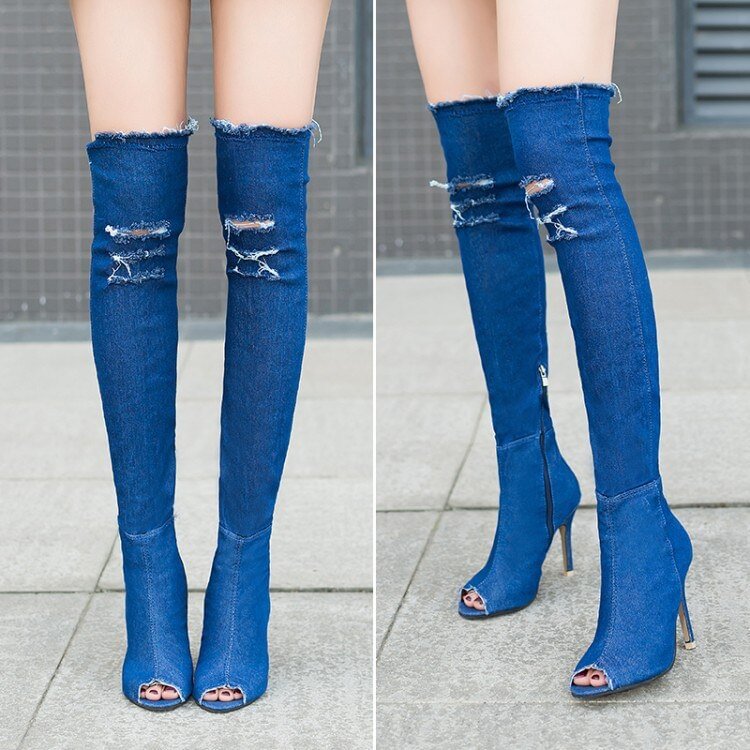 Qjong Toe Over The Knee Zip Denim Motorcycle Boots Shoes Party Plus Size 36-41 Women Sexy Spring Jean High Heels Boots Shoes
