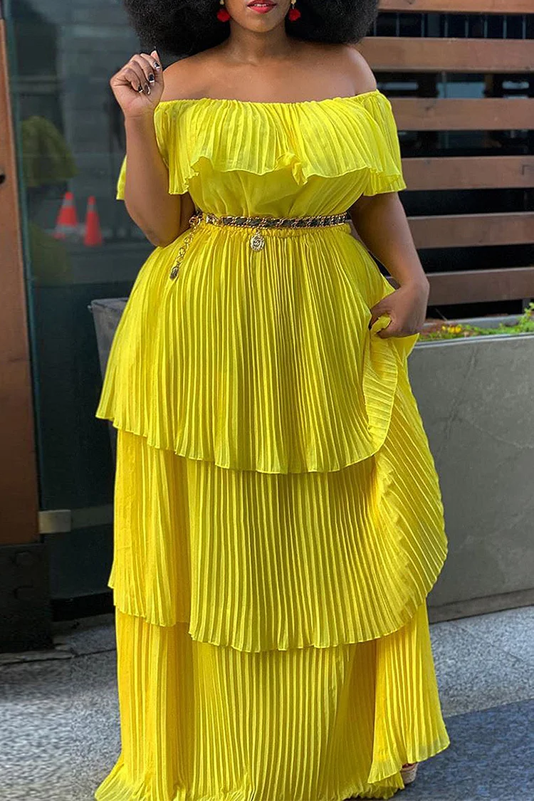 Plus Size Yellow Vacation Chiffon Off The Shoulder Layered Pleated Maxi Dresses