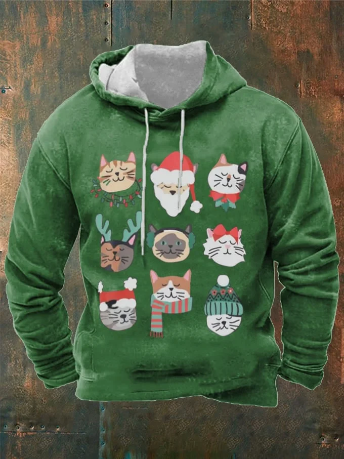 Men's Christmas Cute Cat Print Hooded Sweatshirt