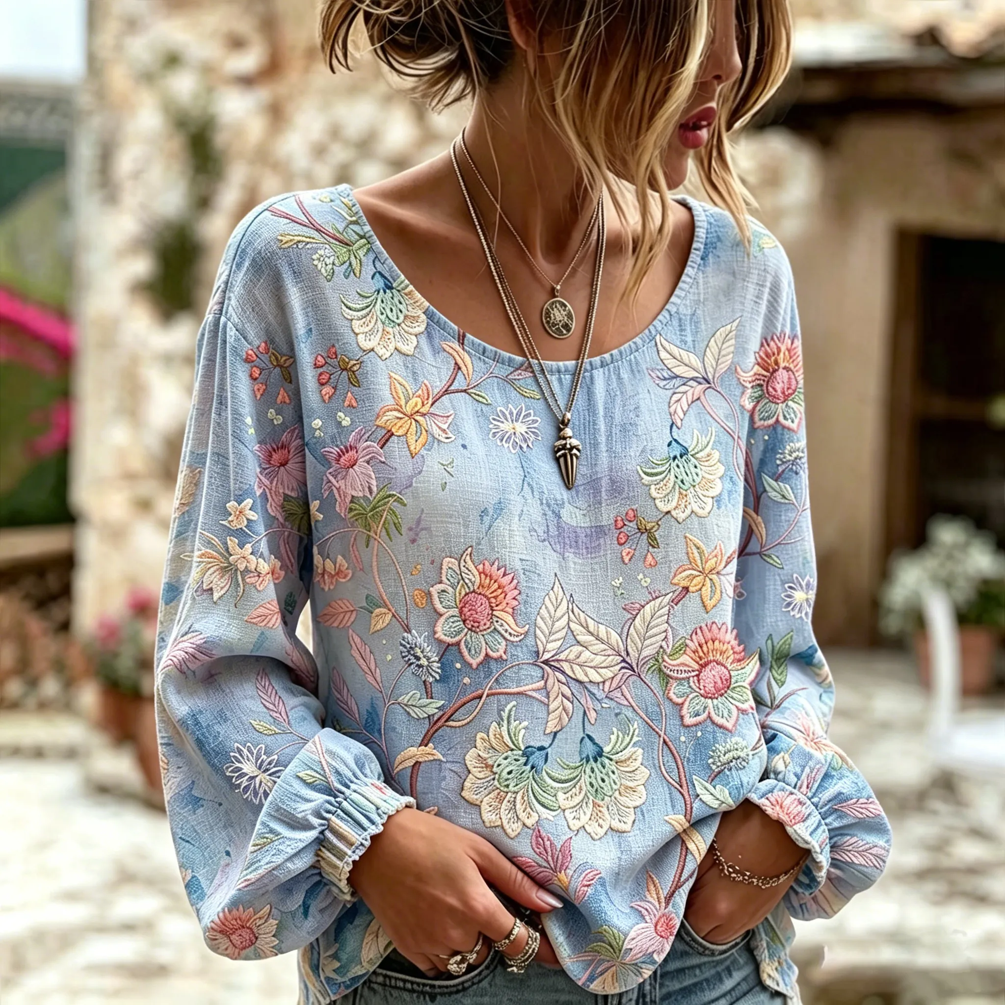 Women's Floral Art Print Flowy Linen Blend Linen Blend Long Sleeve Casual Tops elevenforest
