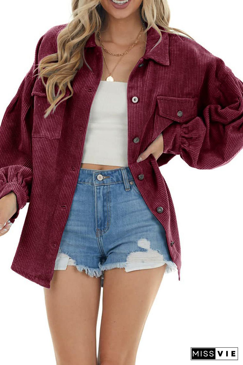 Lantern Sleeve Button Pockets Corduroy Shirt