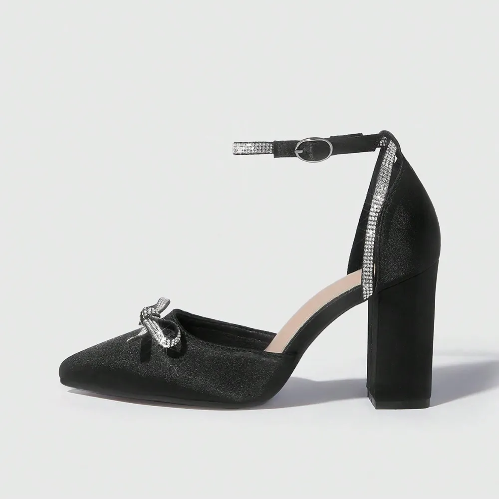 Elegant Black Satin Pointed-Toe Slingback Heels with Bow Detail