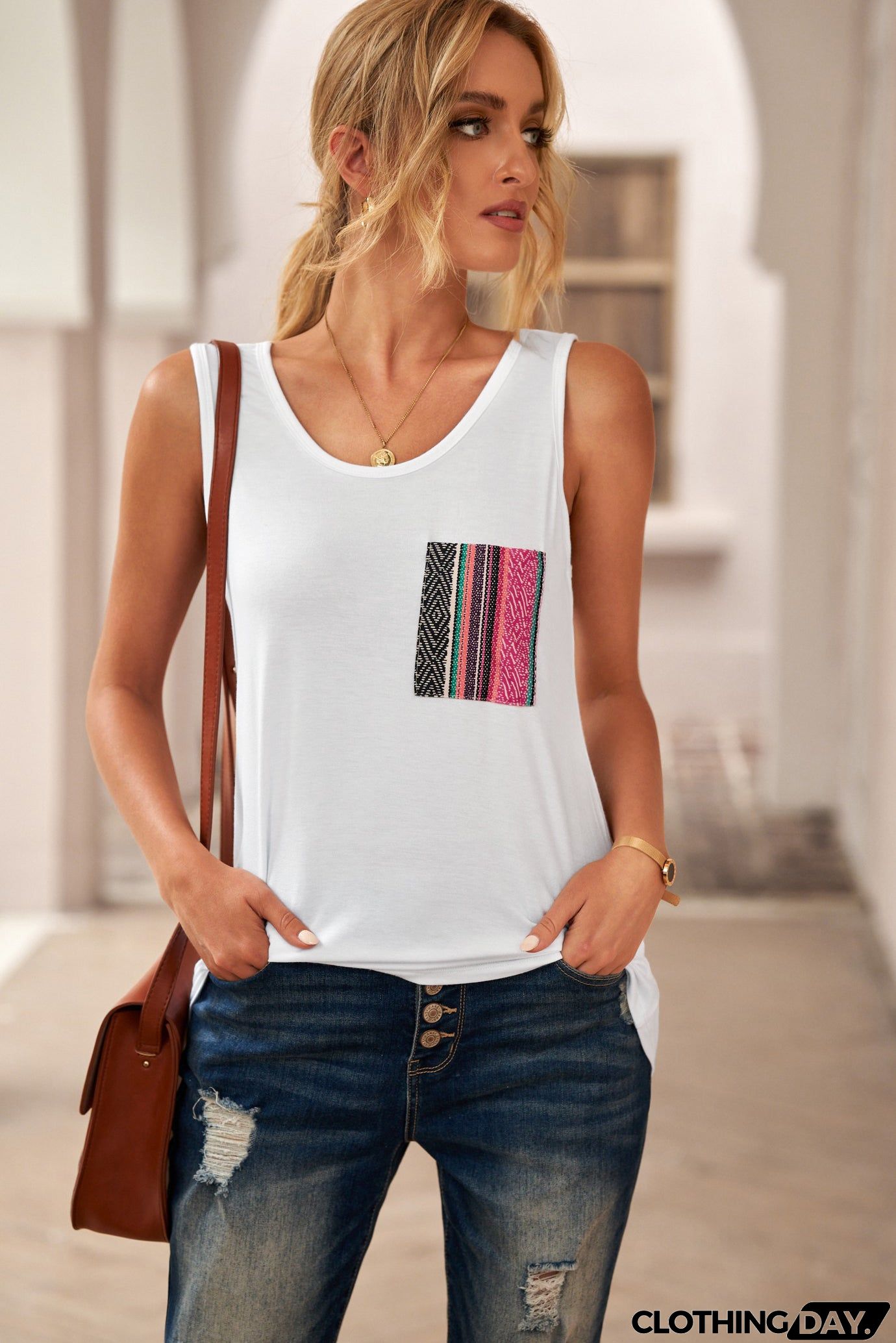 Casual Women Tank Top with Multicolor Pocket