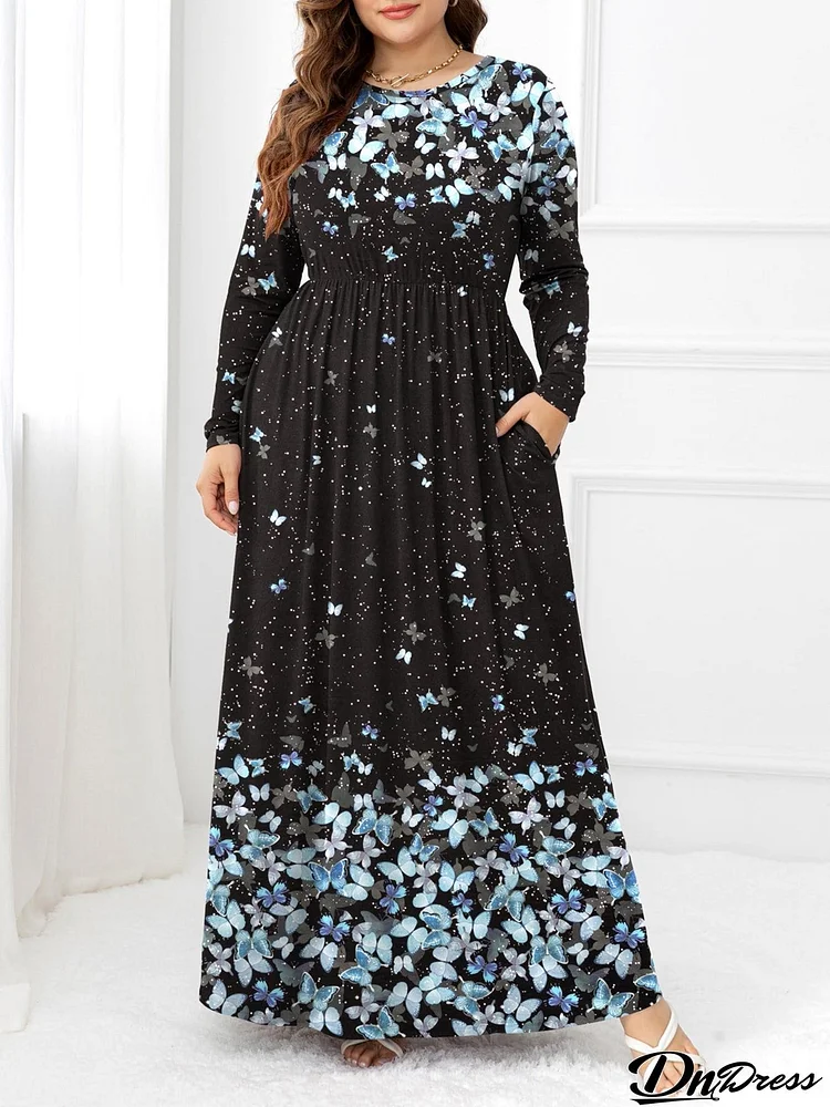 Plus Size Round Neck Maxi Dress with Pockets