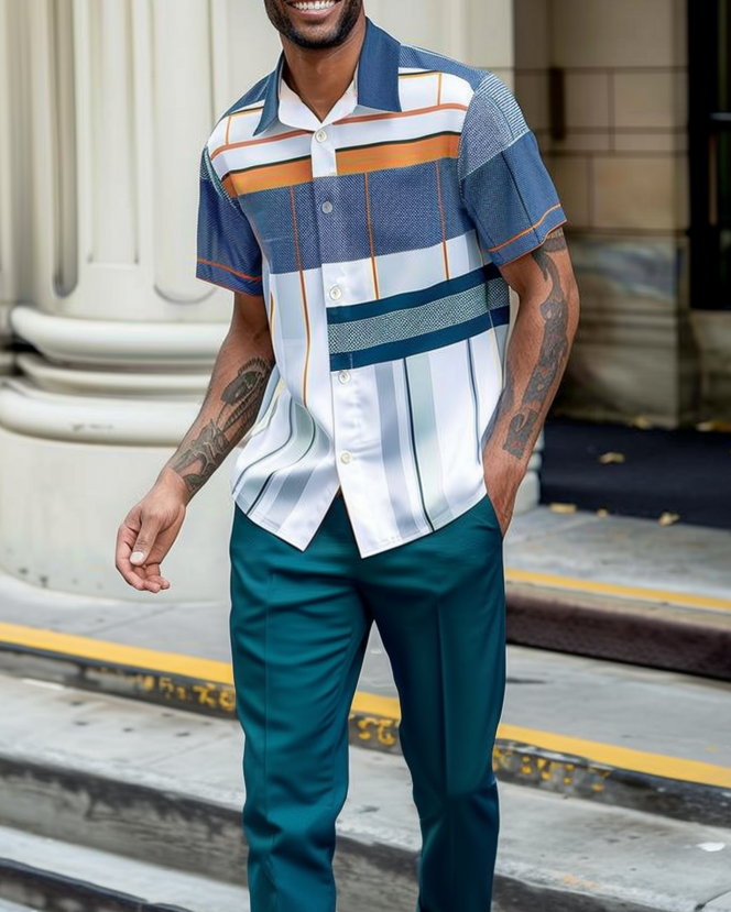 Men's Geometric Short-sleeved Trousers Two-piece Walking Suit