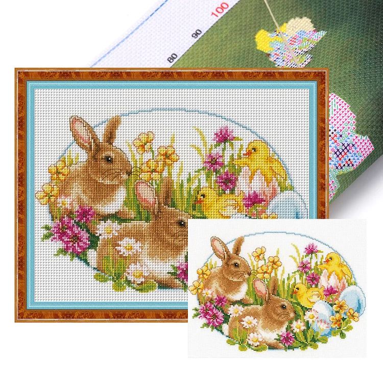 『YiShu』Flower Chicken Rabbit  - 11CT Stamped Cross Stitch(60*50cm)