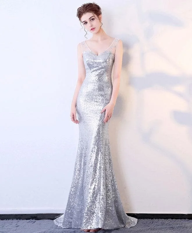 Silver Sequins V Neck Long Prom Dress, Mermaid Evening Dress