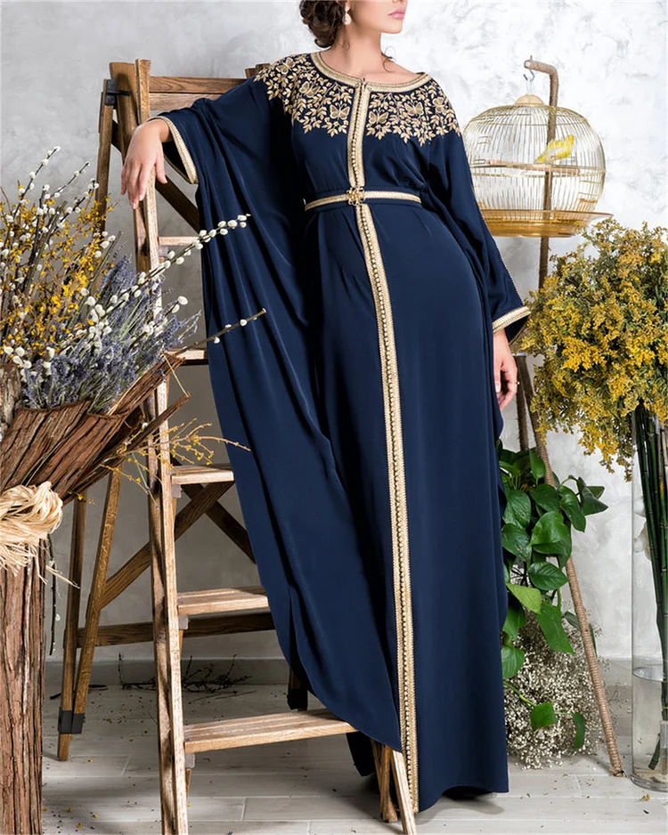 Elegant Navy Embroidered Kaftan Dress