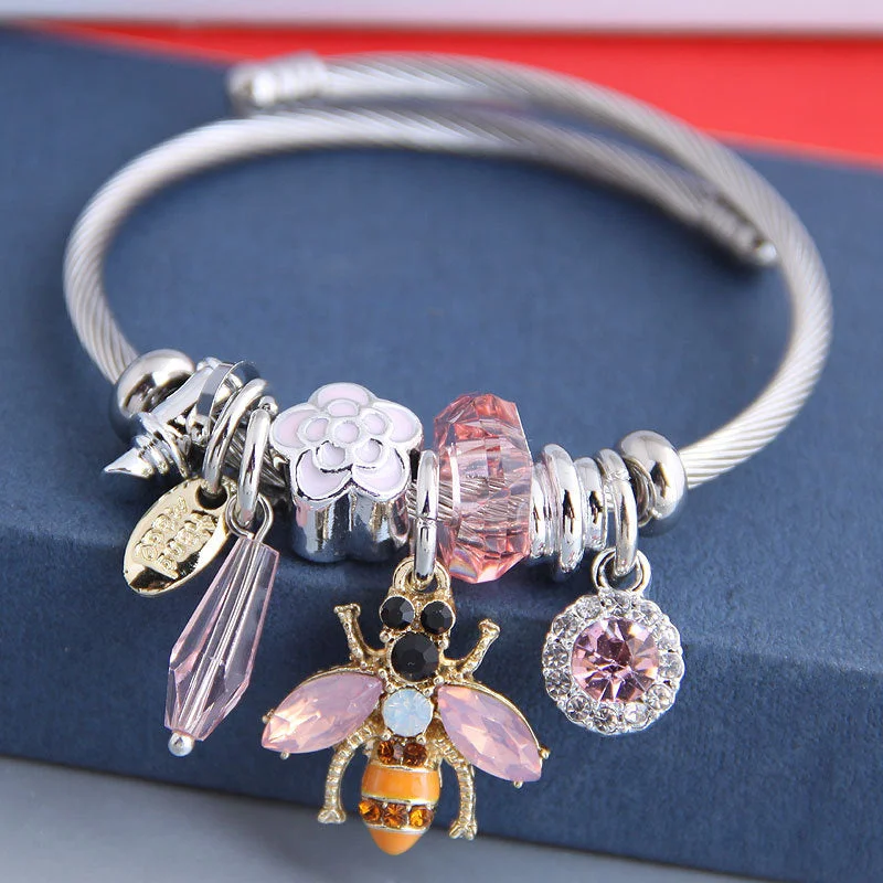 Women's Pop Crystal Flower Bee Pendant Bracelet