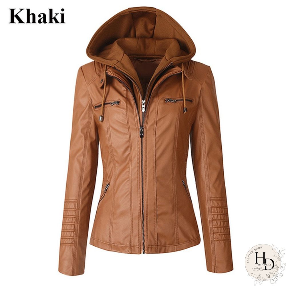 5 Color Women Fashion Long Sleeve Zipper Leather Jackets Removable Hooded Coat Ladies Plus Size Cool Motorcycle Coat Outwear