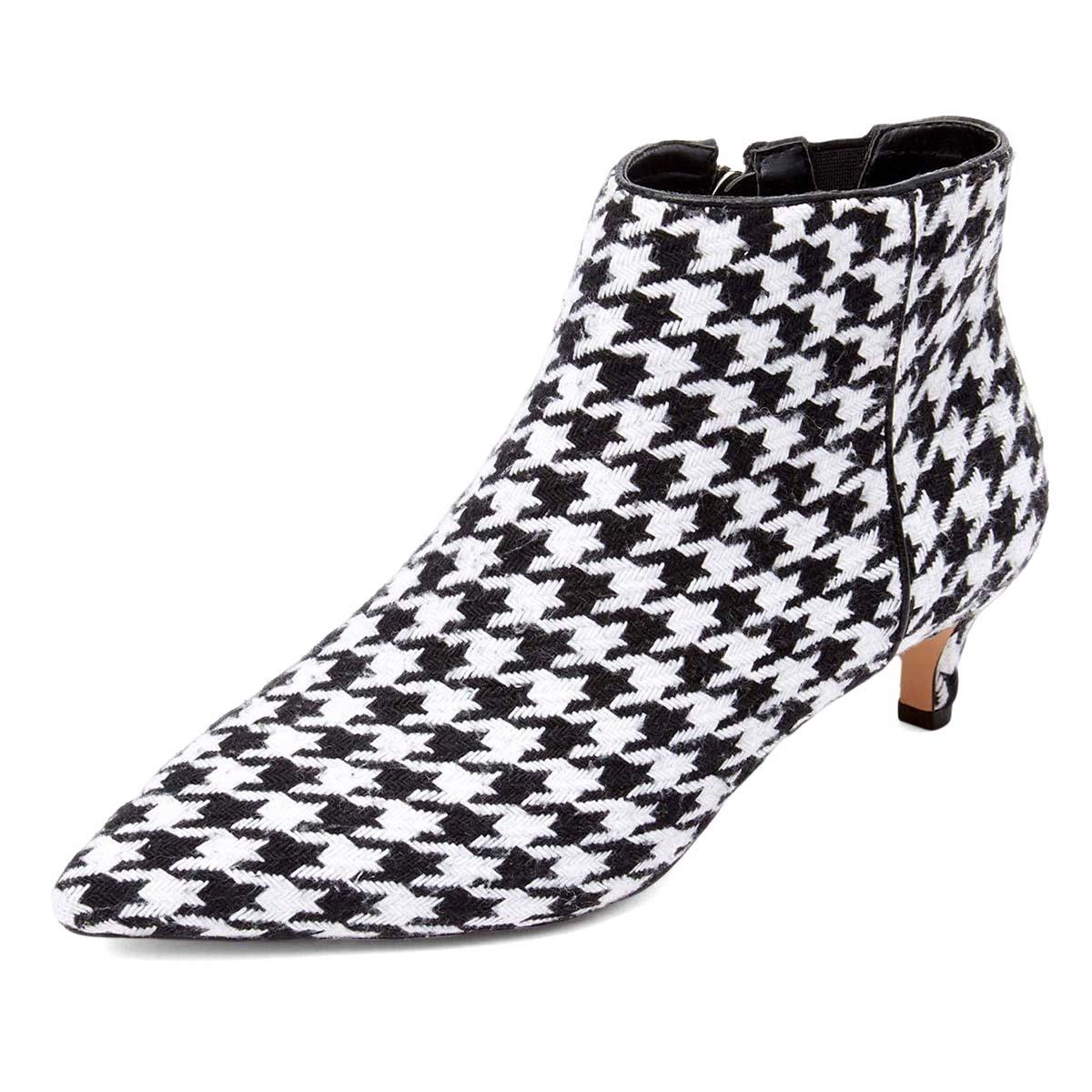 Women's Black and White Houndstooth Kitten Heel Ankle Boots with Zip Nicepairs