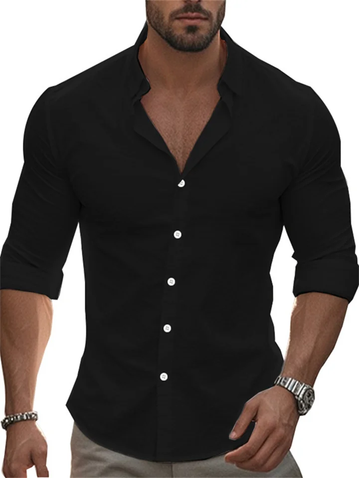  Men's New Casual Solid Color Long-sleeved Shirt Lapel Long-sleeved Beach Shirt Tops-JRSEE