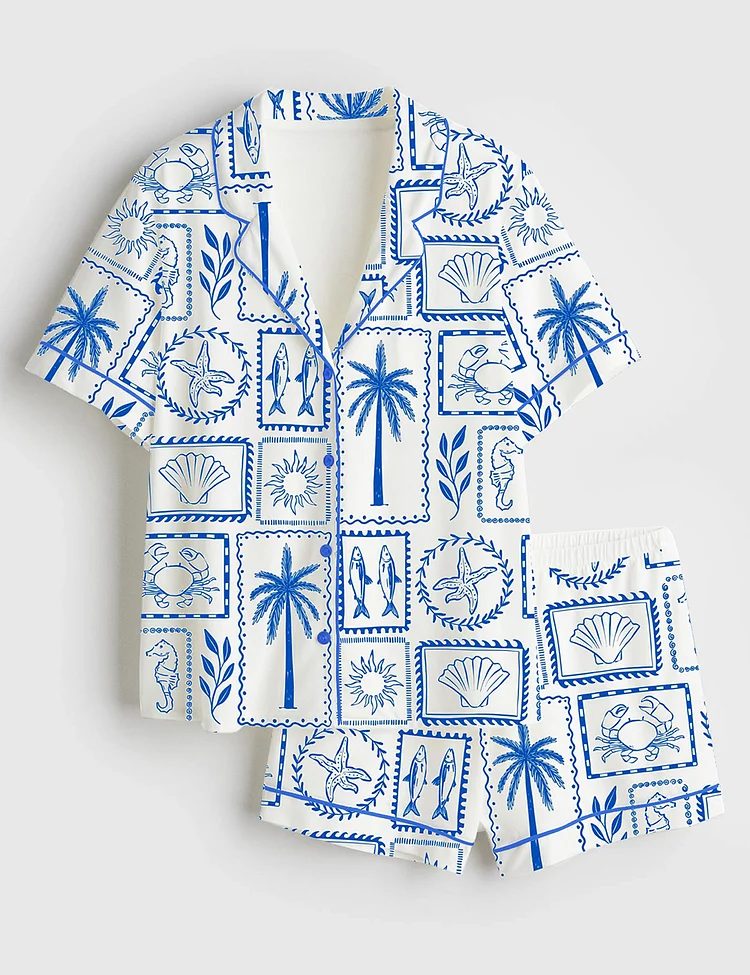 Women&rsquo;s La Dolce Vita Summer Beach Europe Vintage Vibes Print Short Sleeve Satin Pajama Set