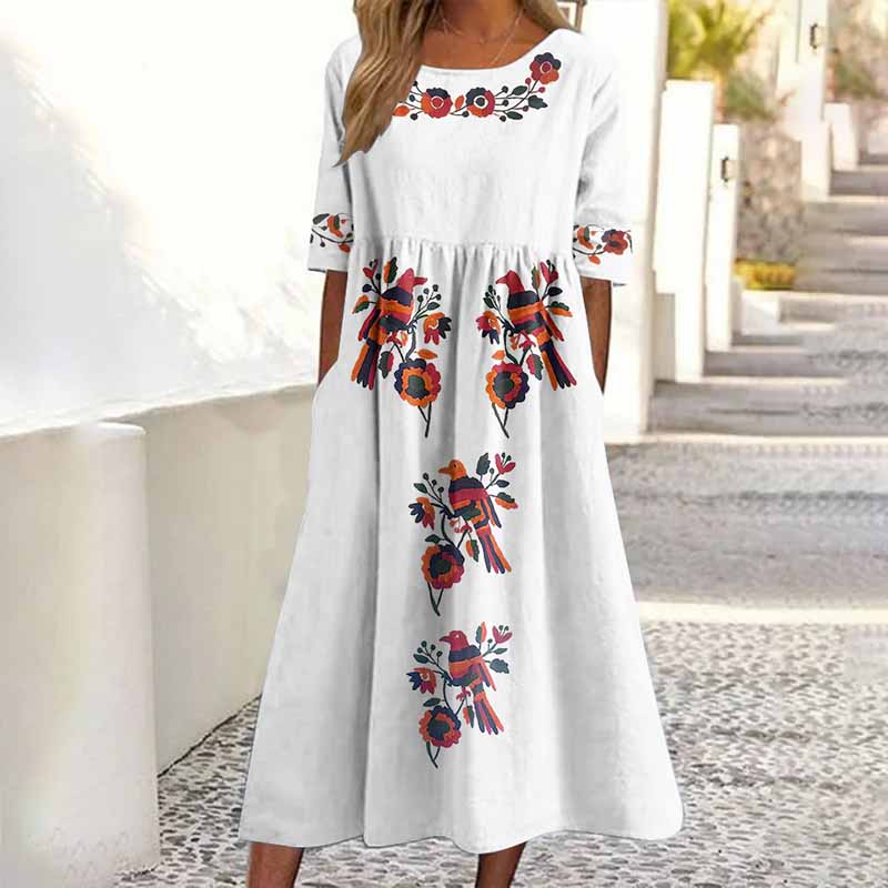 Comstylish Women's Floral And Bird Art Print Cotton And Linen Dress