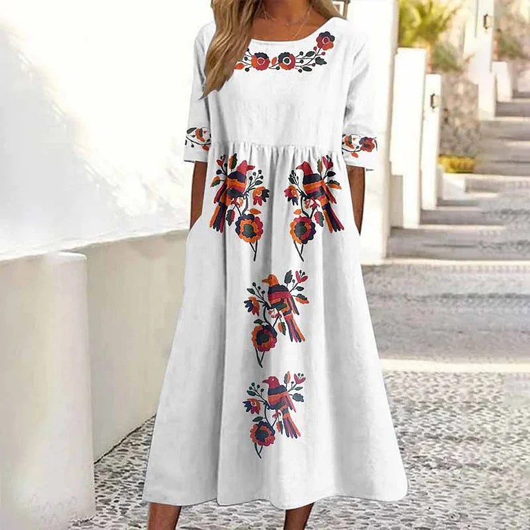 Simpfit Damenkleid aus Nachahmung aus Baumwolle und Leinen mit Blumen- und Vogel-Kunstdruck
