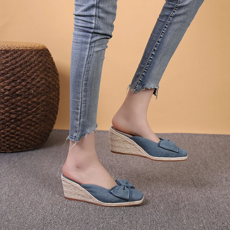 Wongn Wongn Style Square Slope With Thick Bottom With Baotou Drag Women's Shoes Bow Grass Hemp Rope Bottom