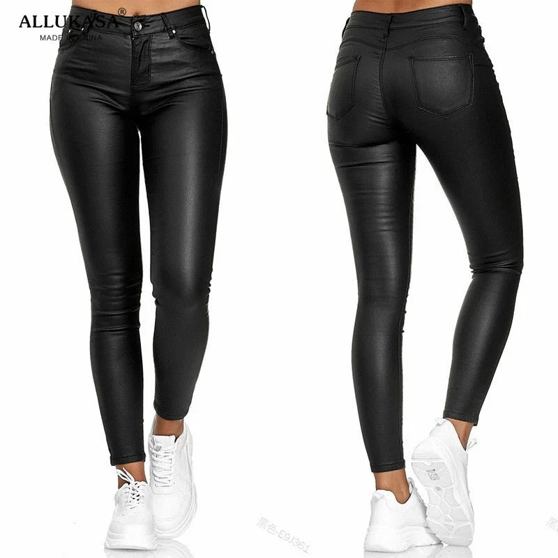 Leather Casual Pants Small Feet Pants Women Warm Trousers Sexy Tight-Fitting Ladies Stretch High-Waist Pants Fashion Pure Color