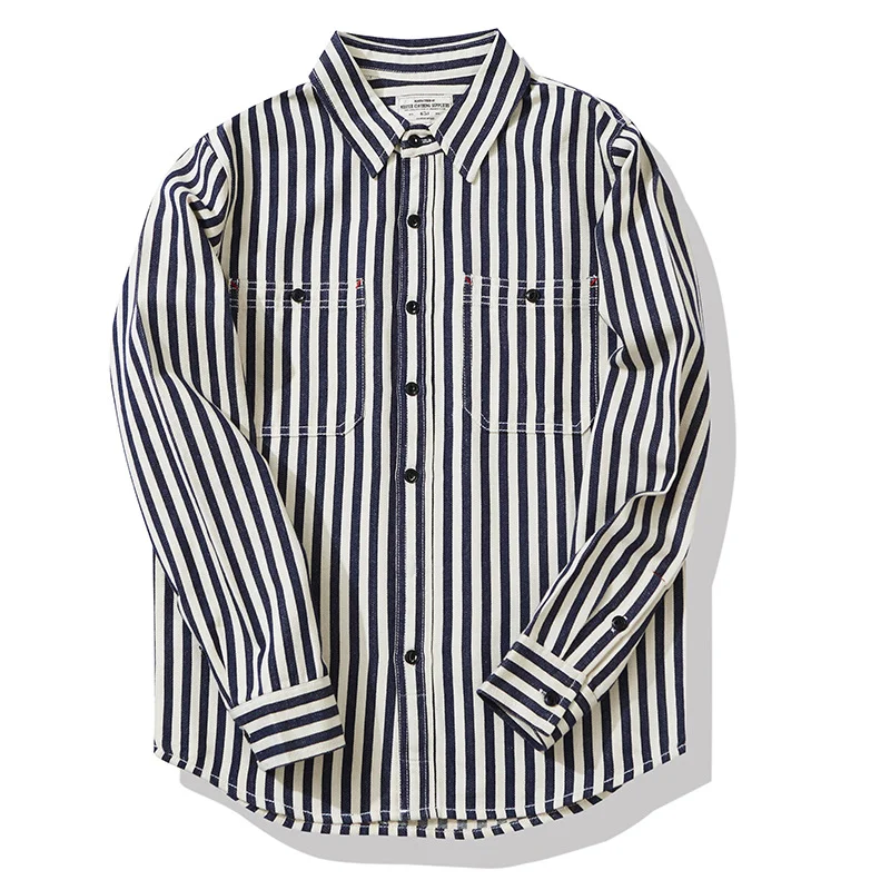 Men's Striped Work Wear Long Sleeve Shirt Amikaki Shirts